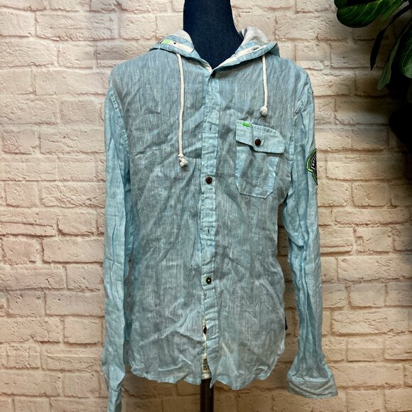 Men's Buffalo Linen Shirt w/Hood Hoodie, Lt Blue Linen by David Bitton, Small - Picture 1 of 7